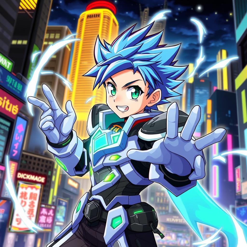 A vibrant and dynamic anime-style illustration featuring a heroic character with spiky blue hair and bright green eyes, wearing futuristic armor adorned with glowing accents