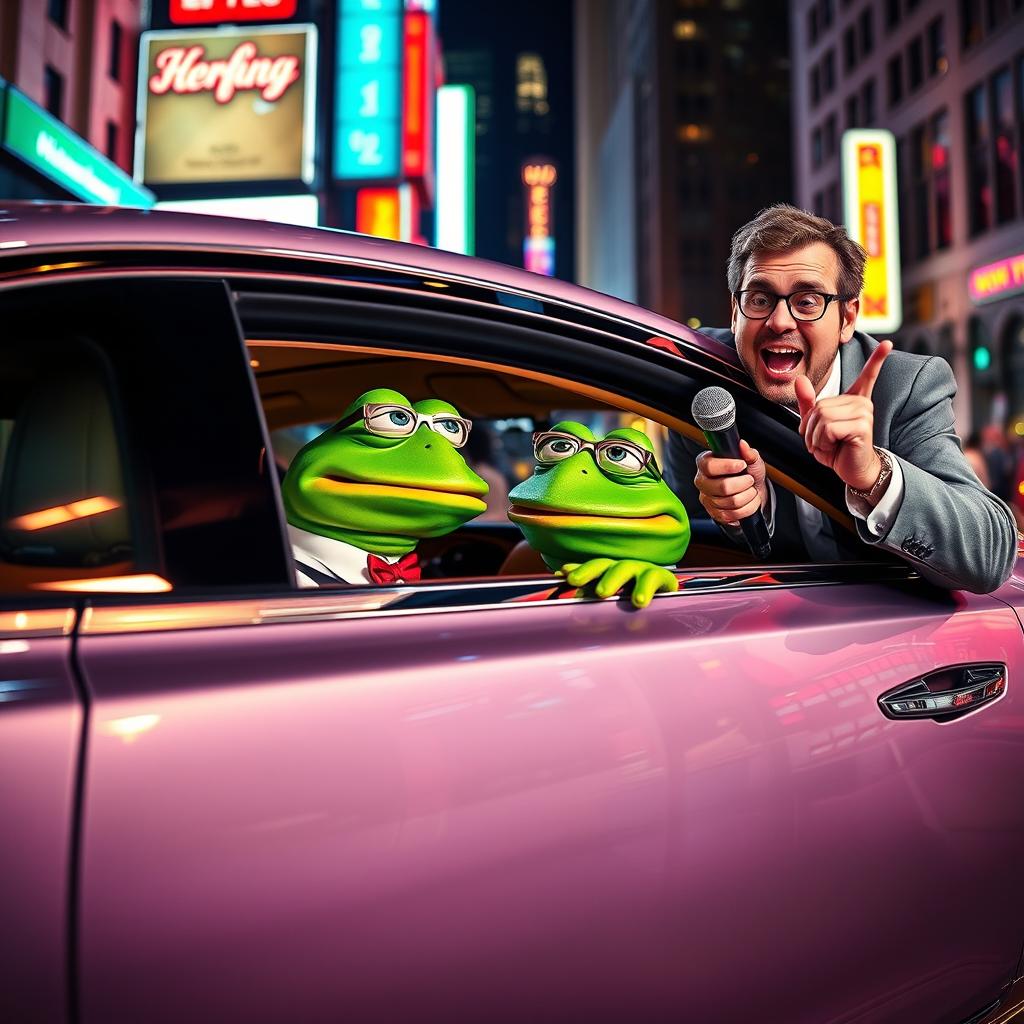 A vibrant and humorous scene featuring Pepe the Frog, a popular meme character, sitting inside a luxurious, expensive car with a polished exterior and plush interior