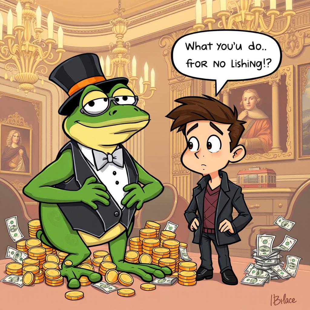 A cartoon-style illustration of a wealthy frog character, known as "Rich Pepe," in a luxurious setting