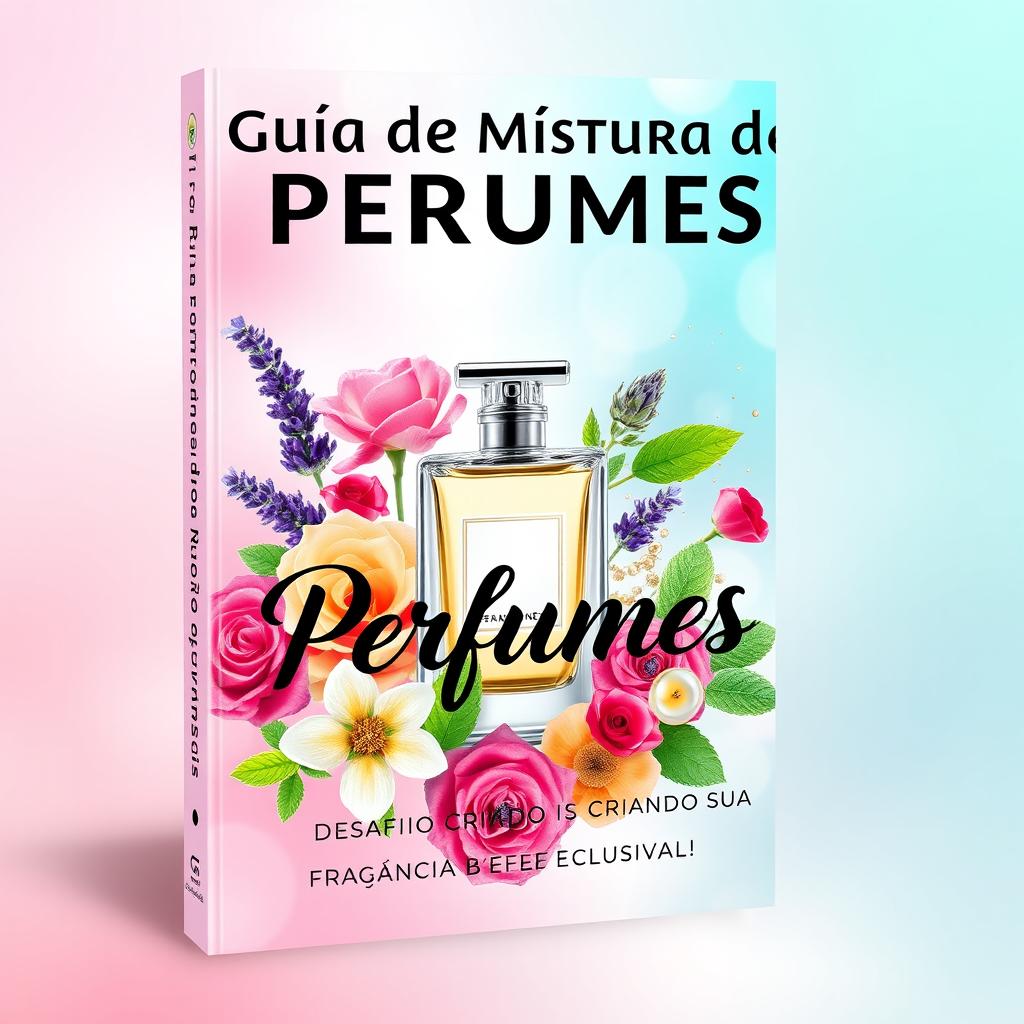 A vibrant and visually appealing e-book cover design for 'Guia de Mistura de Perfumes + Desafio Criando sua Fragância Exclusiva!'