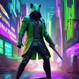 An ultra-modern, cyberpunk interpretation of Robin Hood set in the year 2077, complete with advanced technology, neon, and futuristic attire.