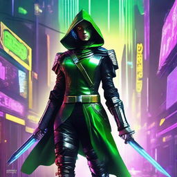 An ultra-modern, cyberpunk interpretation of Robin Hood set in the year 2077, complete with advanced technology, neon, and futuristic attire.