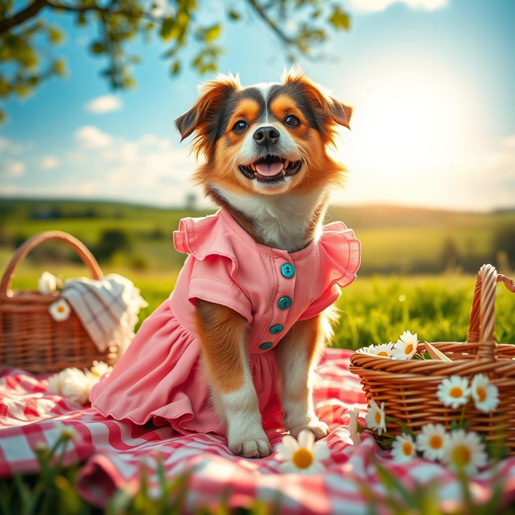 A cute dog sitting in a picturesque countryside setting, dressed in a lovely pink colonial-style dress with turquoise details