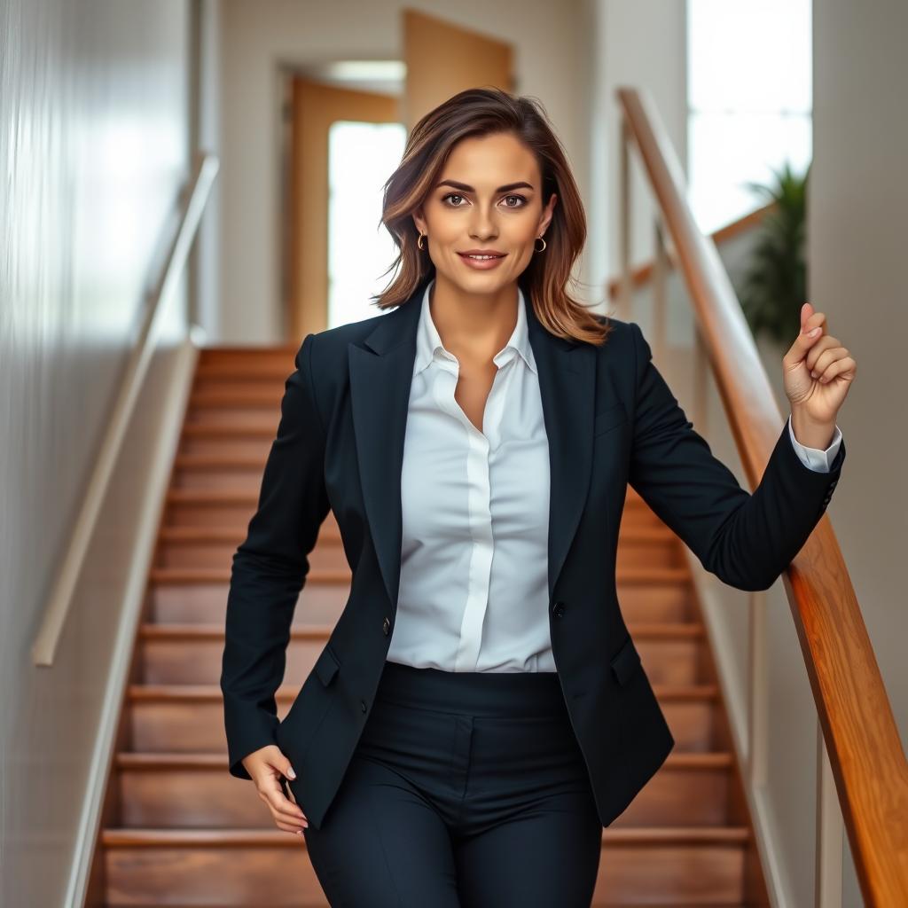 A confident businesswoman in a smart suit, ascending staircase, with an open door at the top