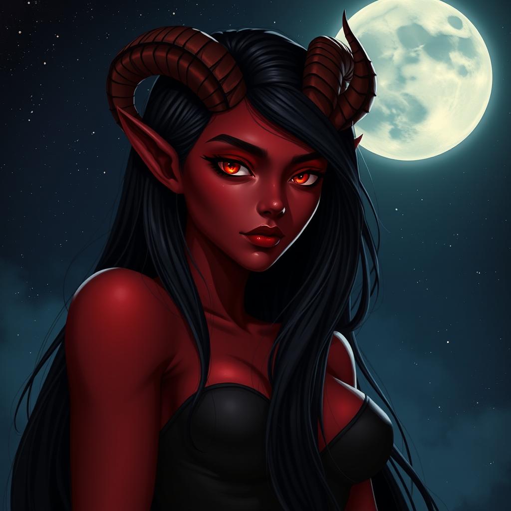 A tall female tiefling with dark red skin and striking red eyes