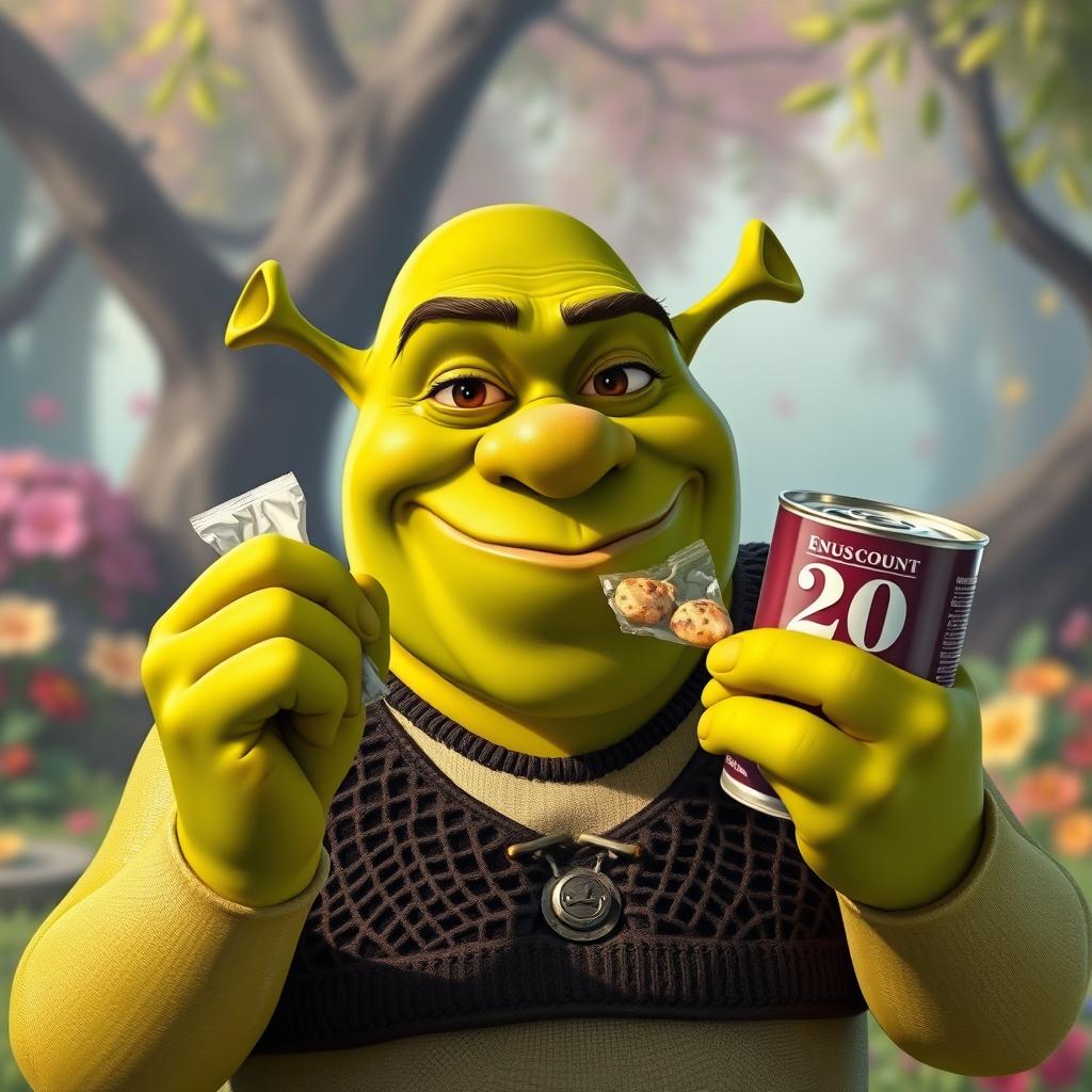 A humorous and lively image of Shrek, depicted in a semi-realistic cartoon style inspired by DreamWorks' animation, in the middle of an amusing moment