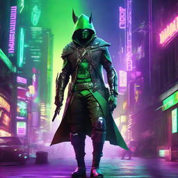 An ultra-modern, cyberpunk interpretation of Robin Hood set in the year 2077, complete with advanced technology, neon, and futuristic attire.