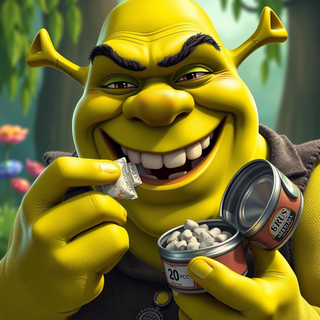 A humorous and vibrant image of Shrek, captured in a semi-realistic cartoon style reminiscent of DreamWorks' animation, as he joyfully picks up a single snus portion from an open can of snus he holds in one hand