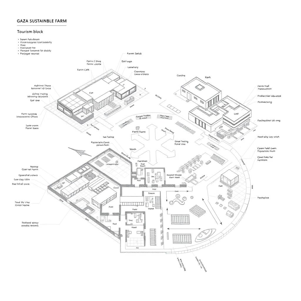 Architectural concept design for a sustainable farm in Gaza, divided into three main zones: tourism block, administrative block, and production block