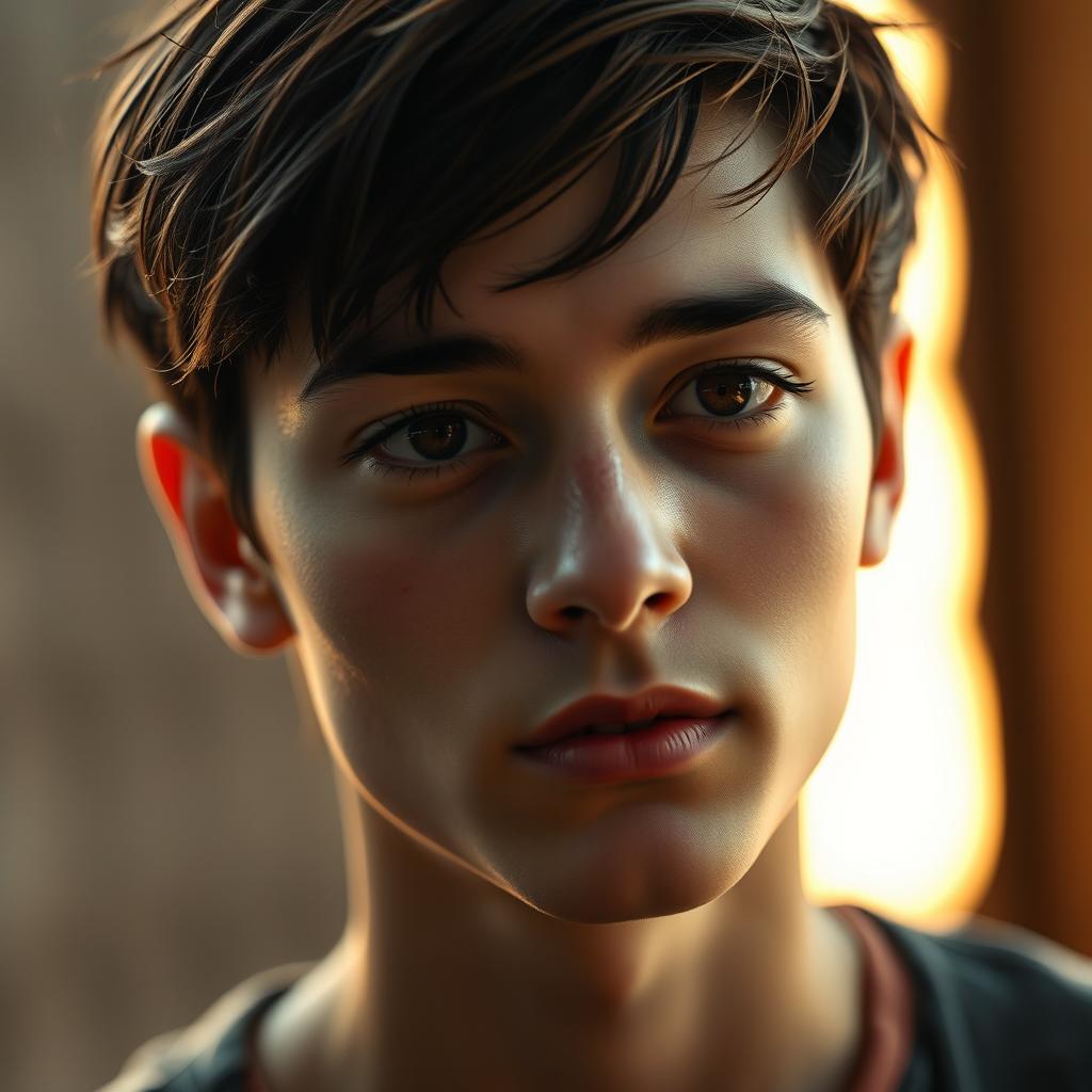 A close-up portrait of a young adult with an androgynous appearance, featuring soft, angular facial features, slightly tousled dark hair, deep-set hazel eyes with a hint of sparkle, and clear, luminous skin