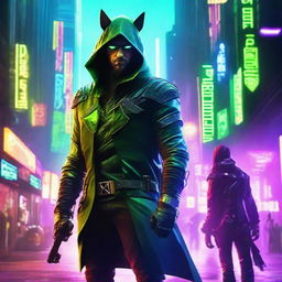 An ultra-modern, cyberpunk interpretation of Robin Hood set in the year 2077, complete with advanced technology, neon, and futuristic attire.