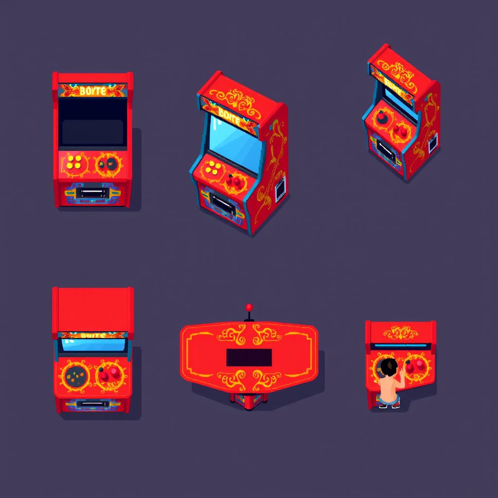 A top-down view pixel art spritesheet featuring a vibrant and colorful arcade machine
