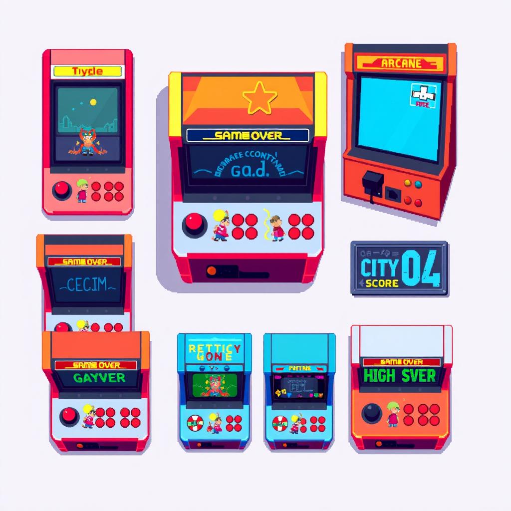 A top-down view pixel art spritesheet featuring a retro arcade machine, showcasing a colorful design with classic arcade buttons and joystick