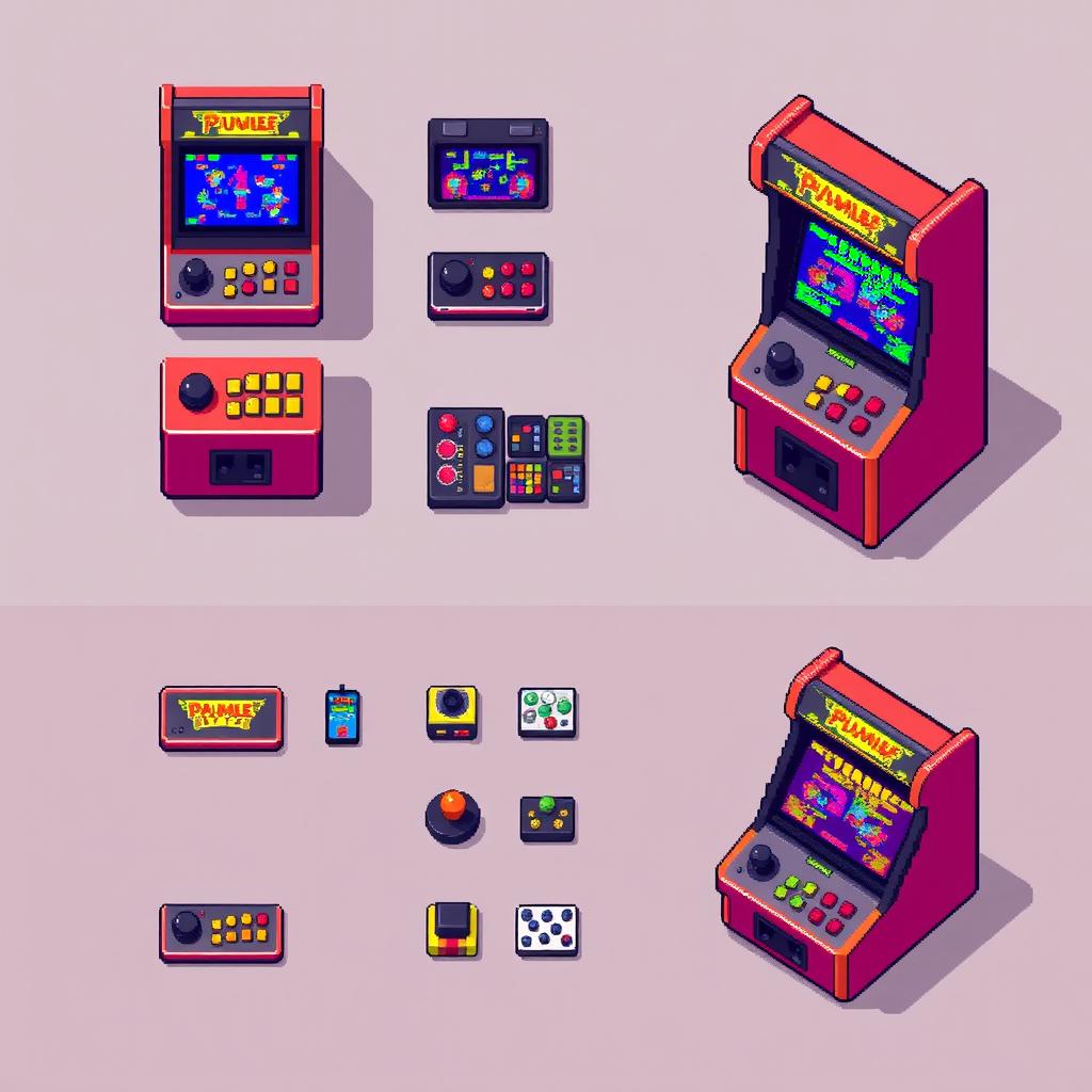 A top-down view pixel art spritesheet depicting a classic arcade machine