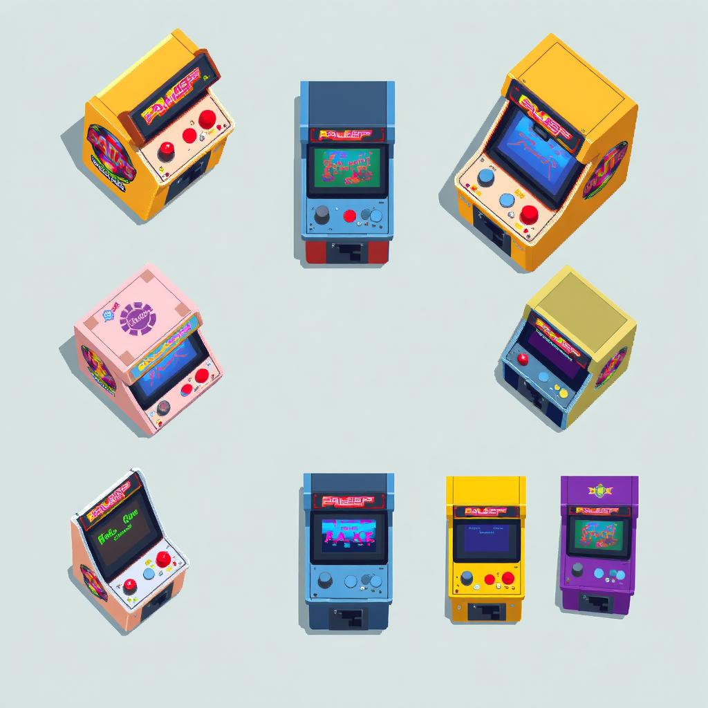 A vibrant and colorful top-down pixel art spritesheet of an arcade machine