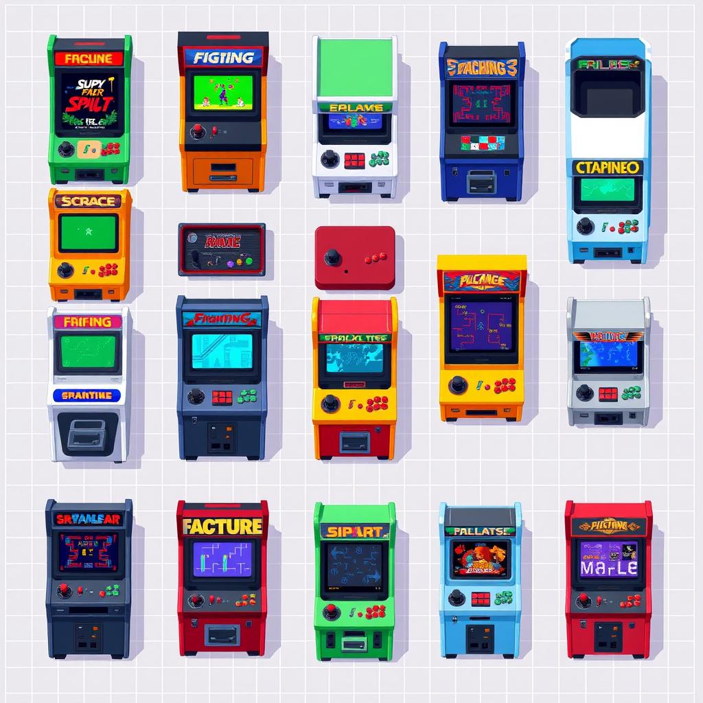 A detailed, colorful pixel art spritesheet featuring various arcade machines viewed from a top-down perspective