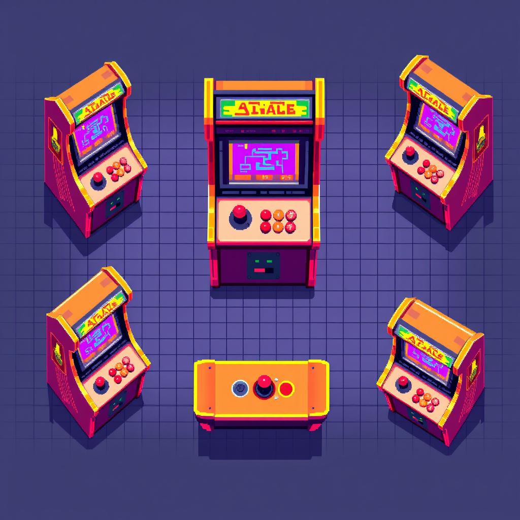 A top-down pixel art spritesheet featuring a colorful vintage arcade machine