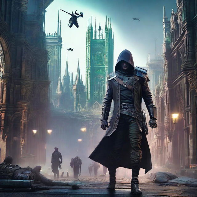 A high-stakes scene set in 2077, depicting a cyberpunk version of Robin Hood locked in combat with a futuristic assassin, surrounded by neo-gothic architecture.