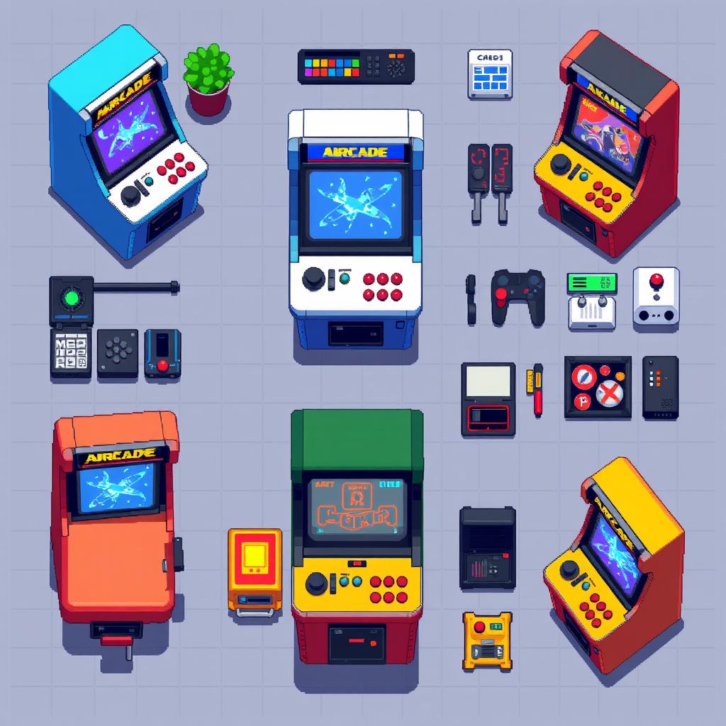 A detailed top-down pixel art spritesheet of an arcade machine, showcasing various angles and designs