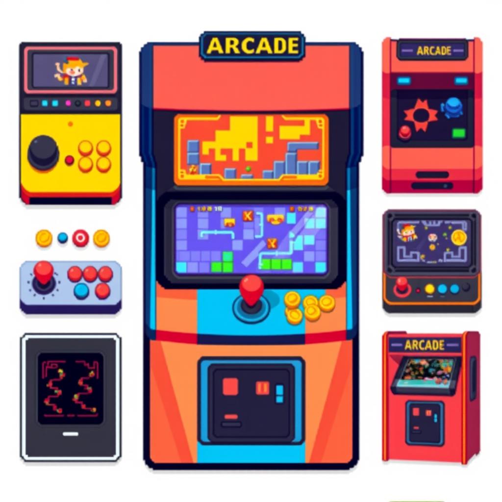 A vibrant and detailed top-down pixel art spritesheet for an arcade machine, featuring a variety of arcade-themed elements such as colorful buttons, joystick, a retro screen displaying pixelated game graphics, and classic arcade cabinet designs