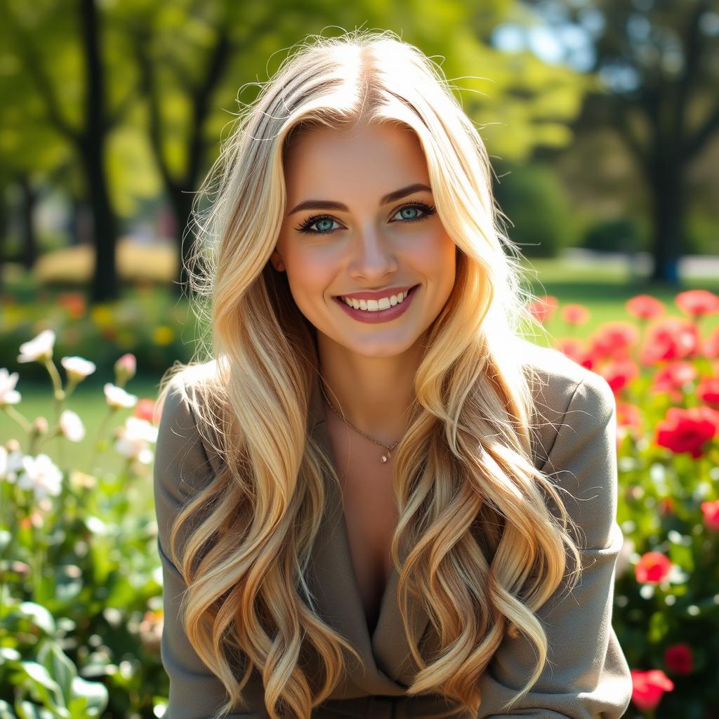 A portrait of a blonde woman named Eugenia, radiating warmth and happiness