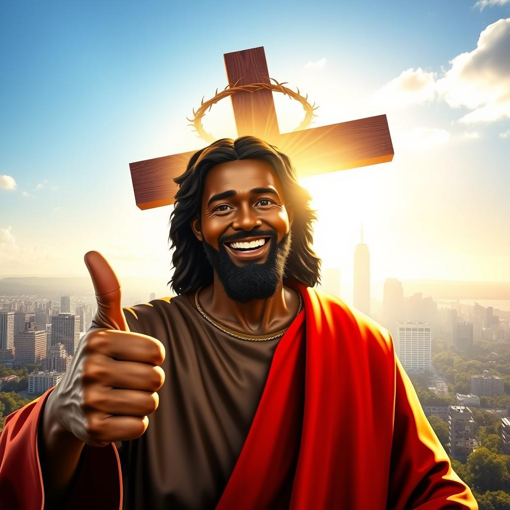 A vivid depiction of a black Jesus with a warm smile, giving a thumbs up