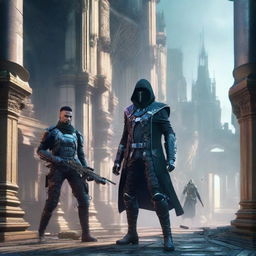 A high-stakes scene set in 2077, depicting a cyberpunk version of Robin Hood locked in combat with a futuristic assassin, surrounded by neo-gothic architecture.