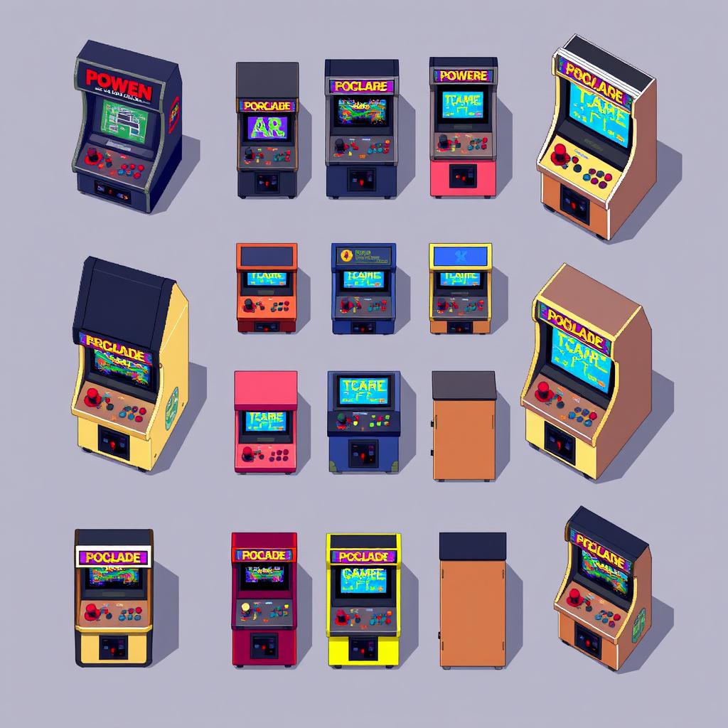 A detailed spritesheet featuring top-down pixel art of an arcade machine, showcasing various animations such as power-on, player interaction, and game start