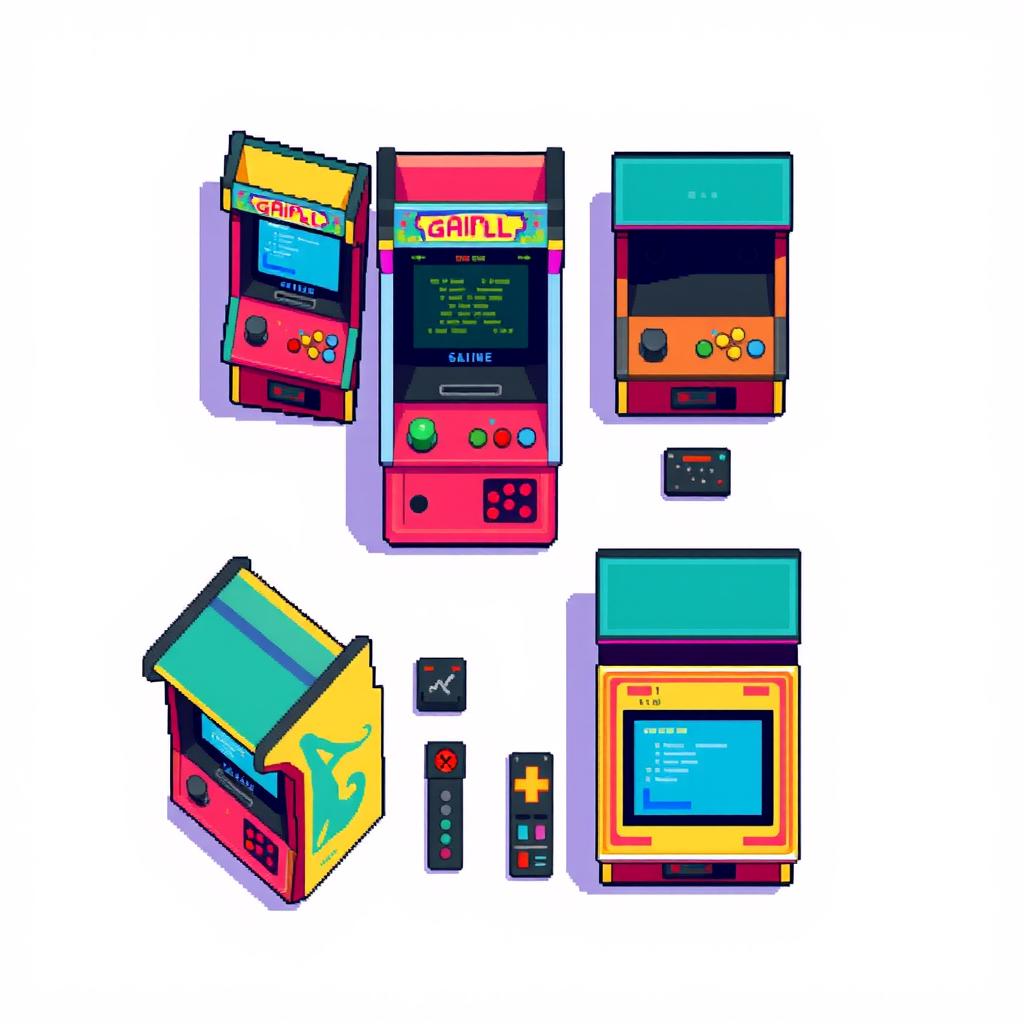 A detailed top-down pixel art spritesheet of an arcade machine, featuring vibrant colors and pixelated textures