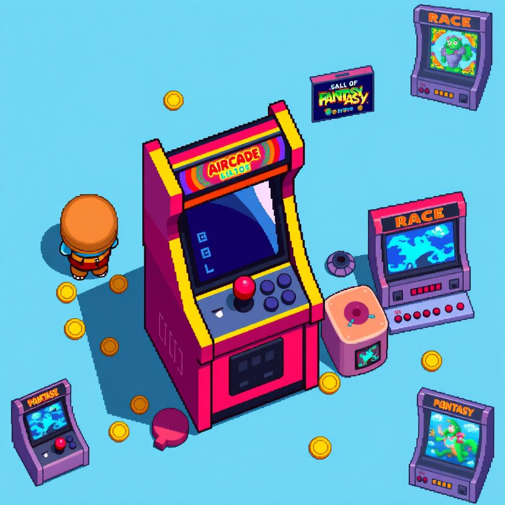 A detailed, top-down pixel art spritesheet featuring an arcade machine
