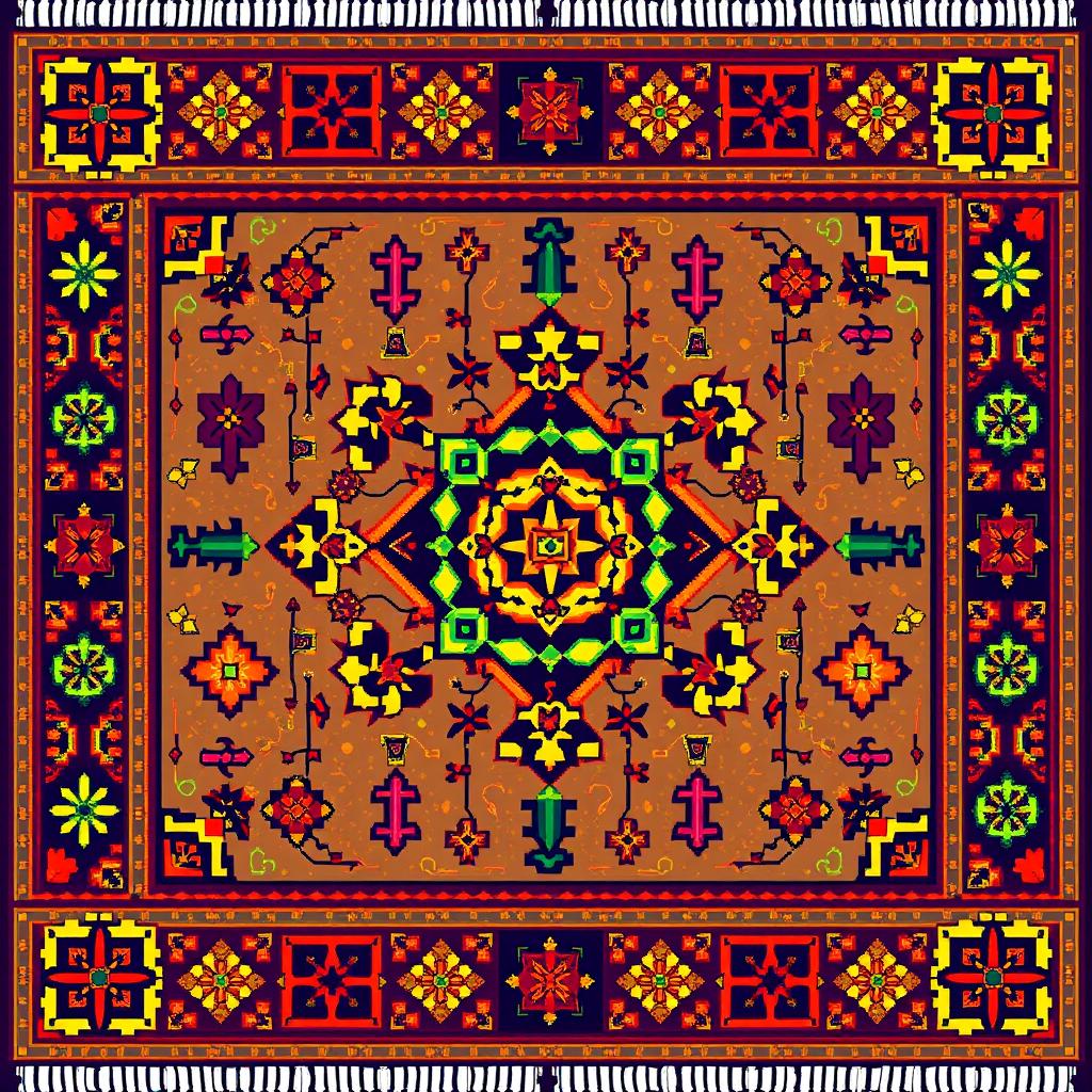 A detailed pixel art spritesheet featuring a top-down view of a carpet adorned with intricate geometric runes