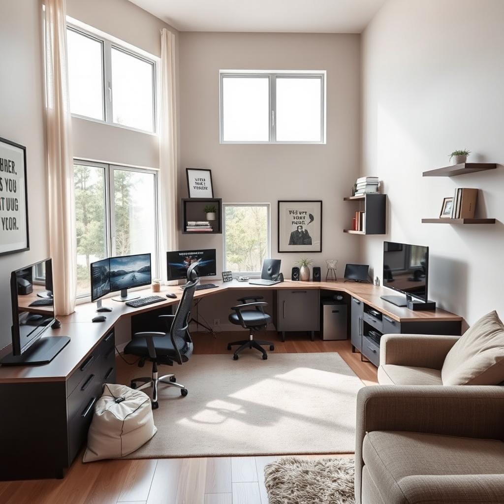 A modern study room designed for productivity, featuring two desktop PCs and one gaming console
