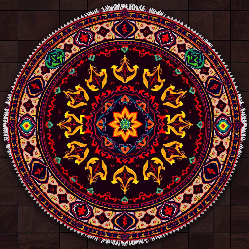 A top-down view of a round carpet showcasing geometric runes, adorned with bright and vibrant colors