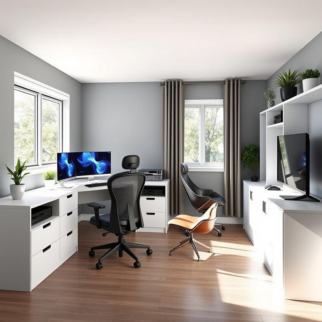 A modern study room designed for productivity, featuring two desktop computers and one gaming console