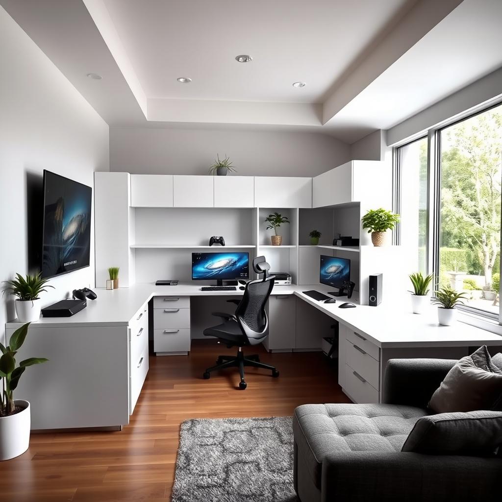 A modern study room designed for productivity, featuring two desktop computers and one gaming console
