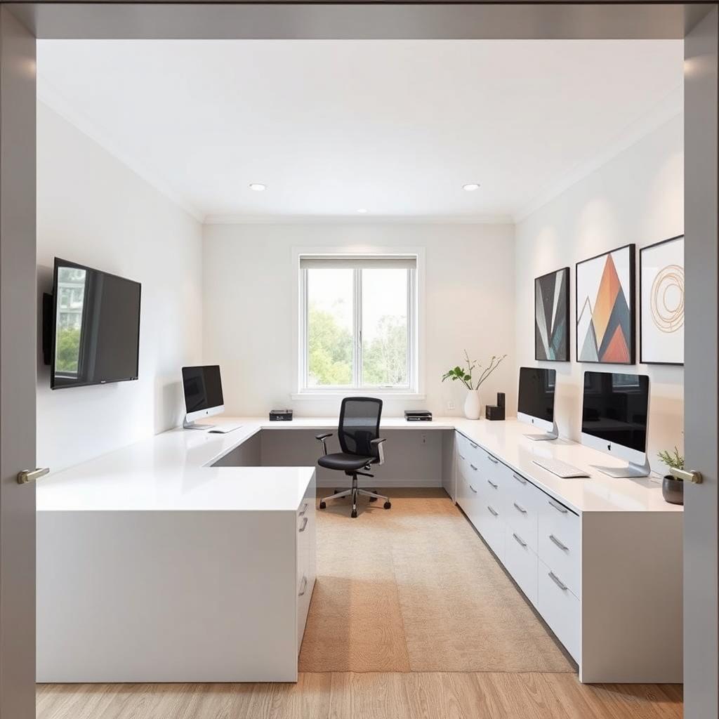 A modern study room designed with a rectangular shape, viewed from the entrance door