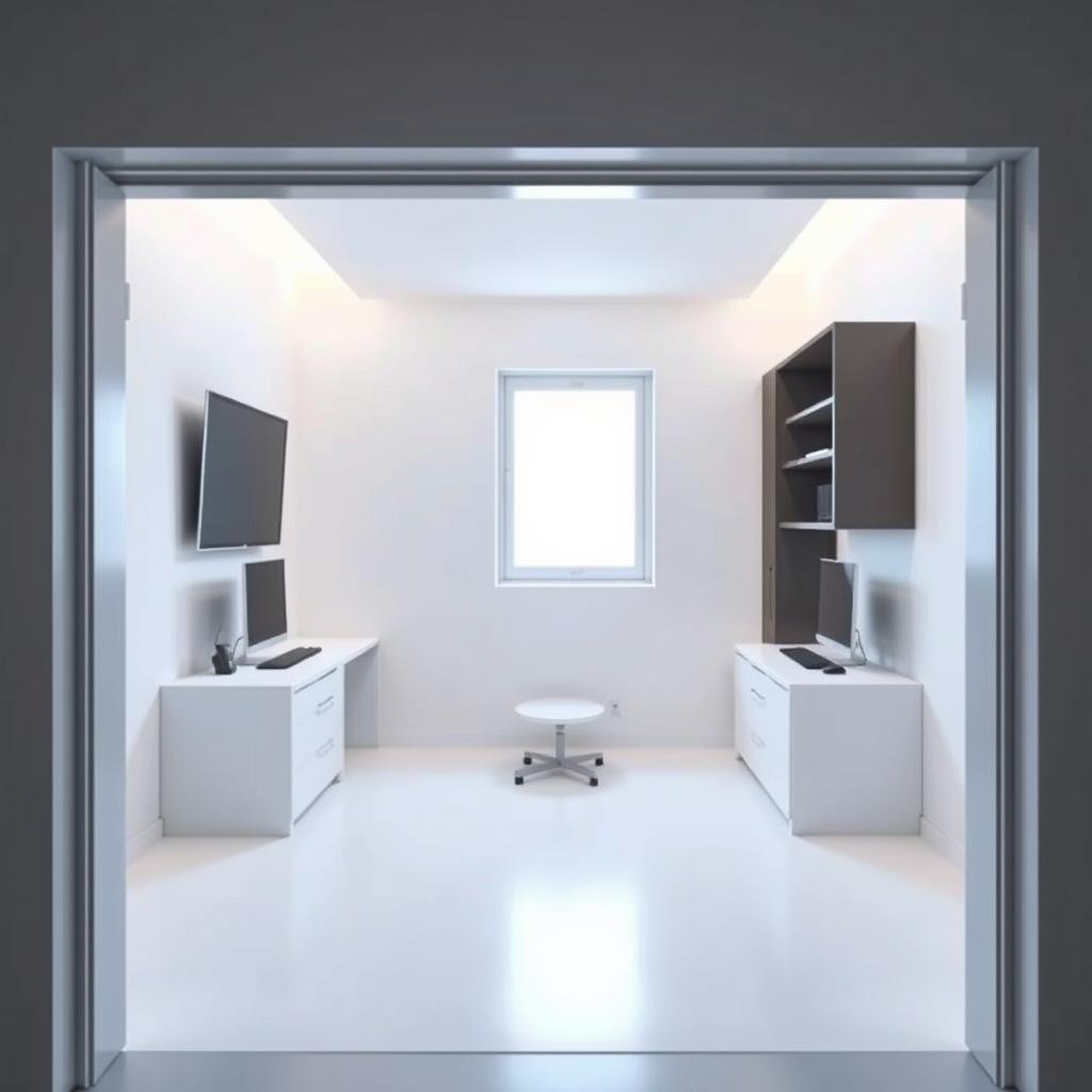 A modern study room designed with a rectangular shape, viewed from the entrance door