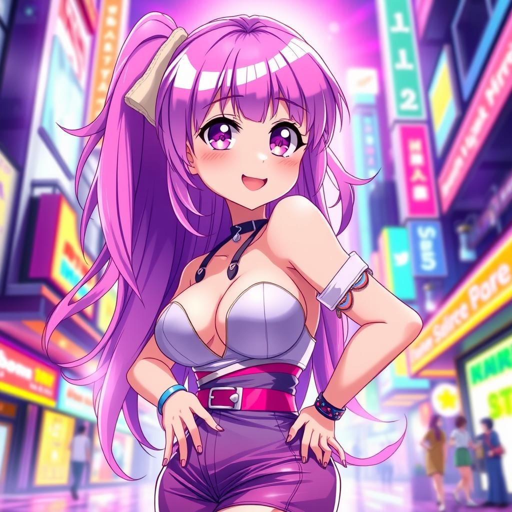 A vibrant anime girl with an exaggerated chest, showcasing a stylish and colorful outfit