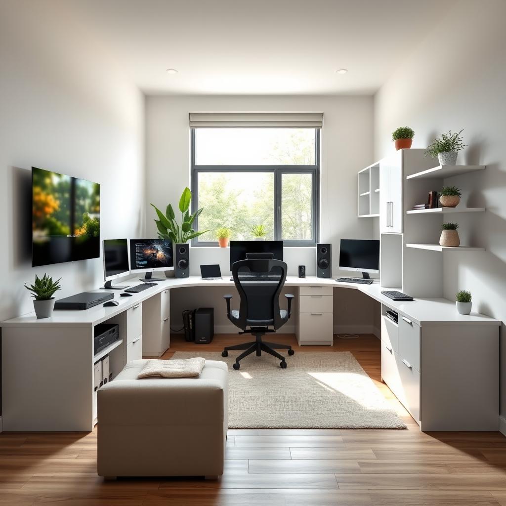 A modern study room designed for productivity, featuring two desktop computers and one gaming console
