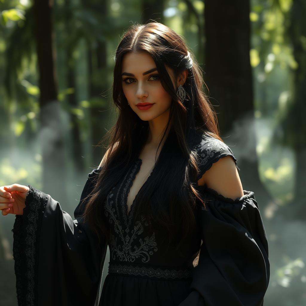 A stunningly beautiful maiden dressed in flowing black robes, with intricate lace details and a captivating silver embroidery, set against a mystical forest background
