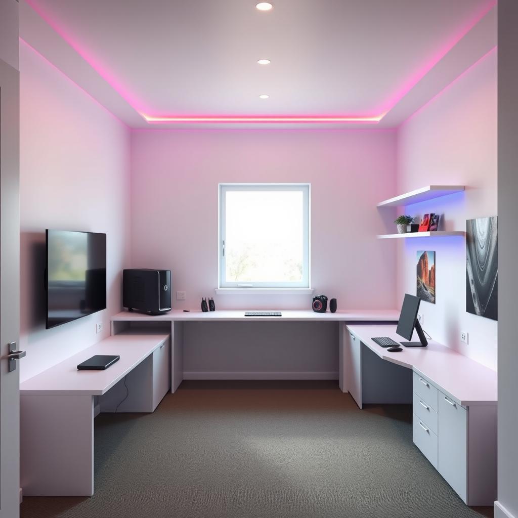 A modern gaming and study room designed with a rectangular shape, viewed from the entrance door