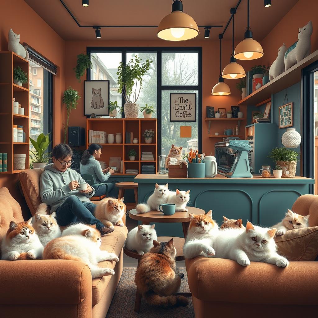 A cozy cat-themed coffee shop, featuring cute and fluffy cats lounging around on comfortable furniture