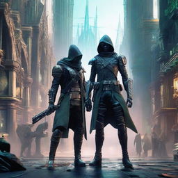 A high-stakes scene set in 2077, depicting a cyberpunk version of Robin Hood locked in combat with a futuristic assassin, surrounded by neo-gothic architecture.