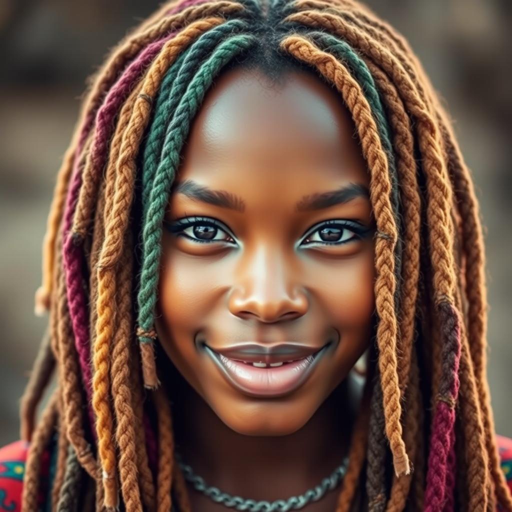 A close-up portrait of a person with vibrant dreadlocks cascading down their shoulders, showcasing an array of colors and textures