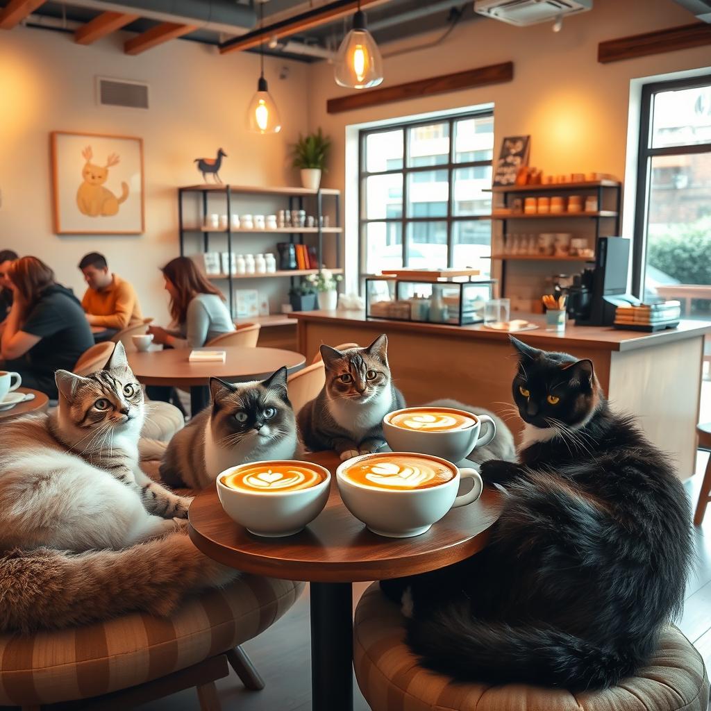 A cozy cat-themed coffee shop, featuring cute cats lounging around on soft cushions, decorated with whimsical cat art on the walls