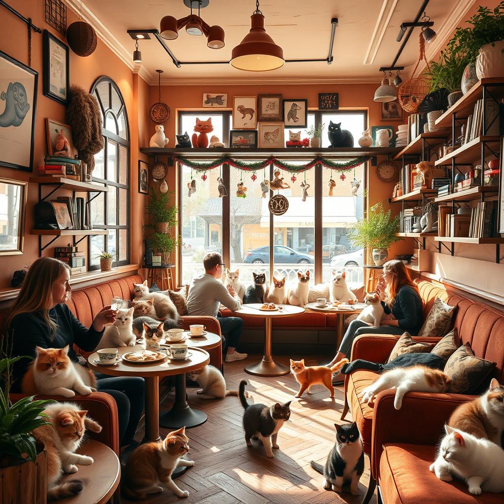 A charming cat-themed coffee shop, brimming with fluffy cats lounging on stylish furniture