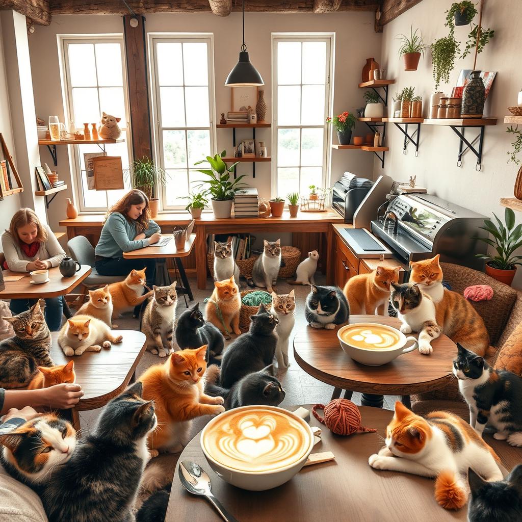 A cozy cat-themed coffee shop filled with various breeds of cats lounging around