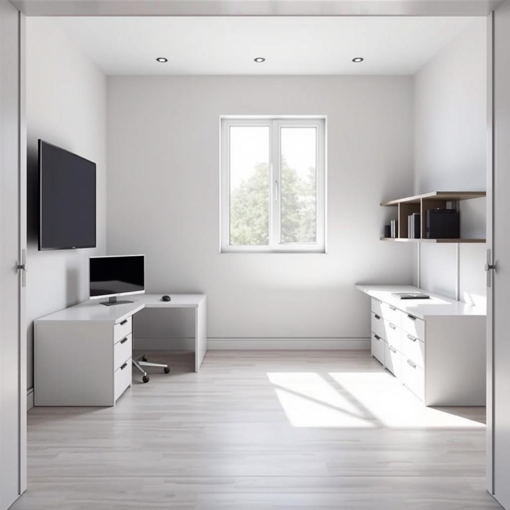A modern study room designed with a rectangular shape, viewed from the entrance door