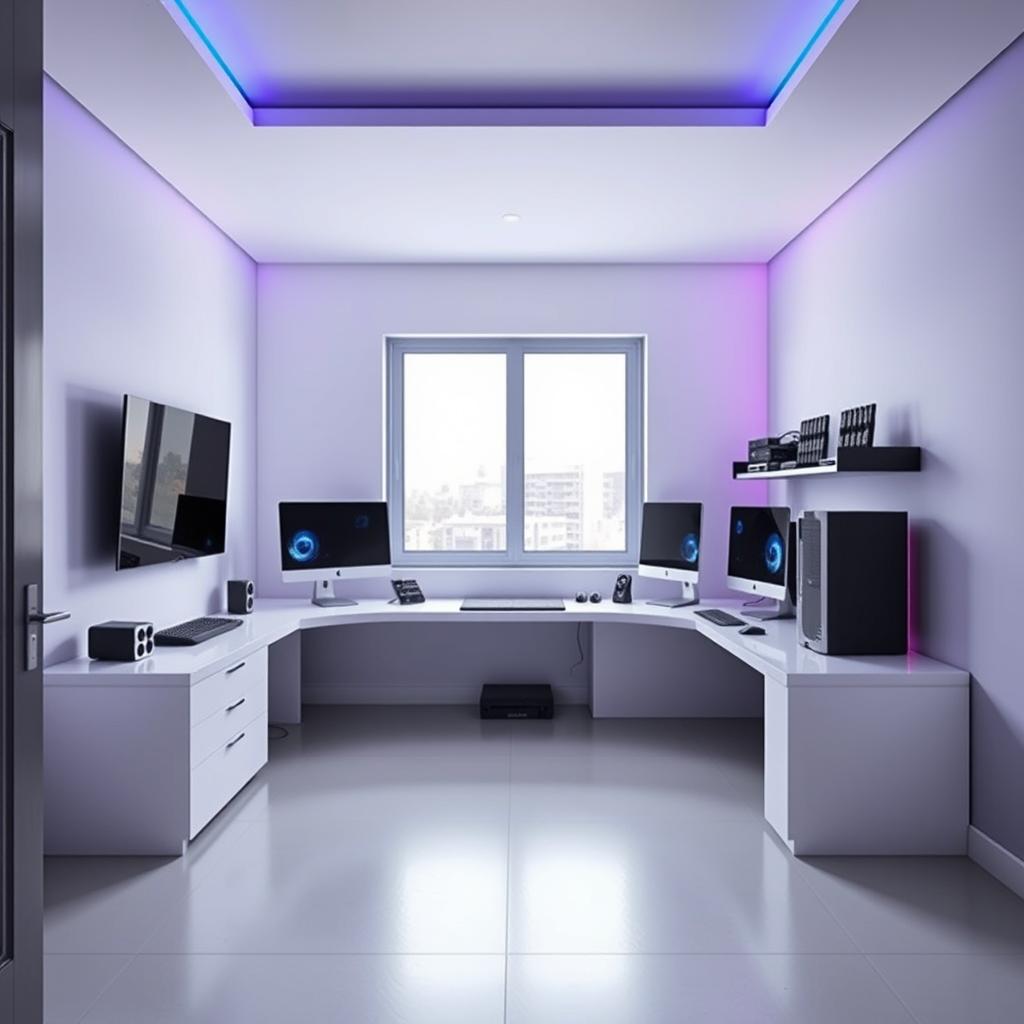 A modern gaming and study room designed with a rectangular shape, viewed from the entrance door