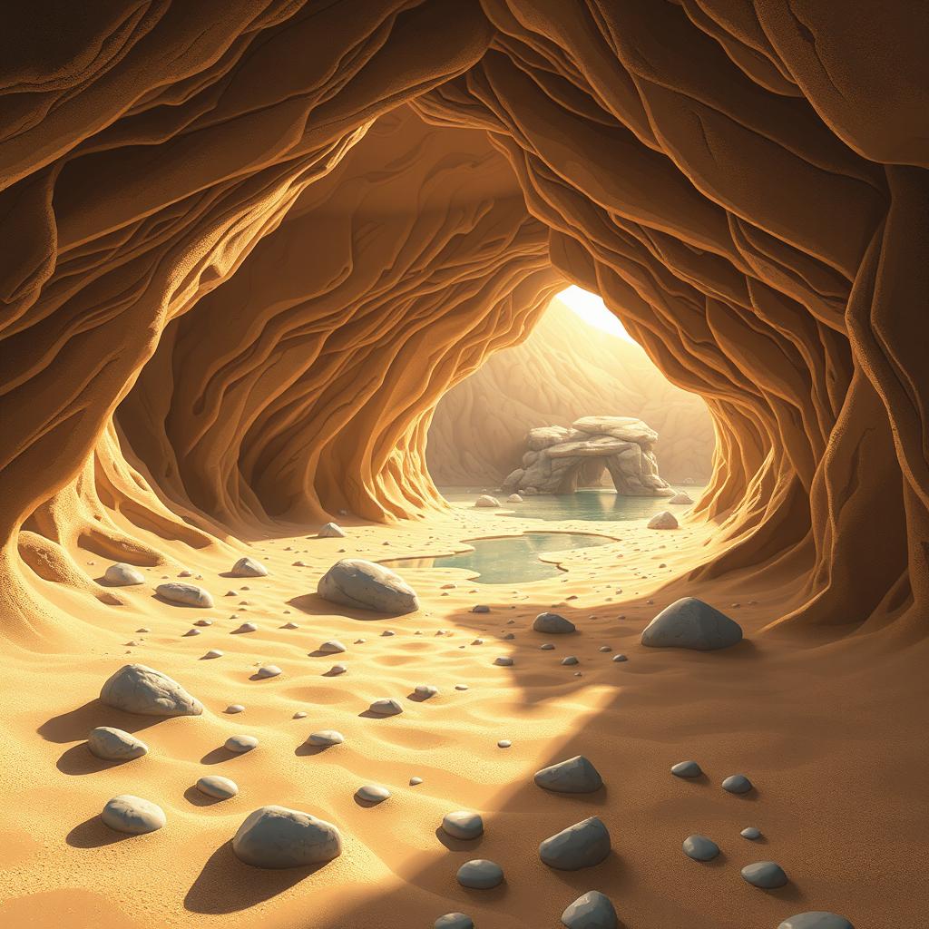 A beautifully detailed anime-style background of a sand cave, with intricate patterns in the sandy walls, soft lighting filtering through the openings, highlighting the textures of the sand